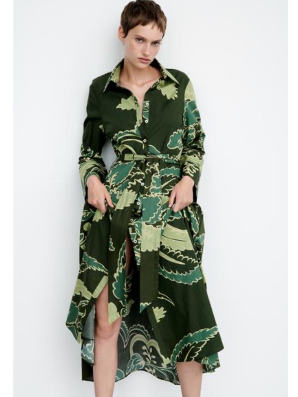 Zara NWT Printed Belted Shirt Dress size L